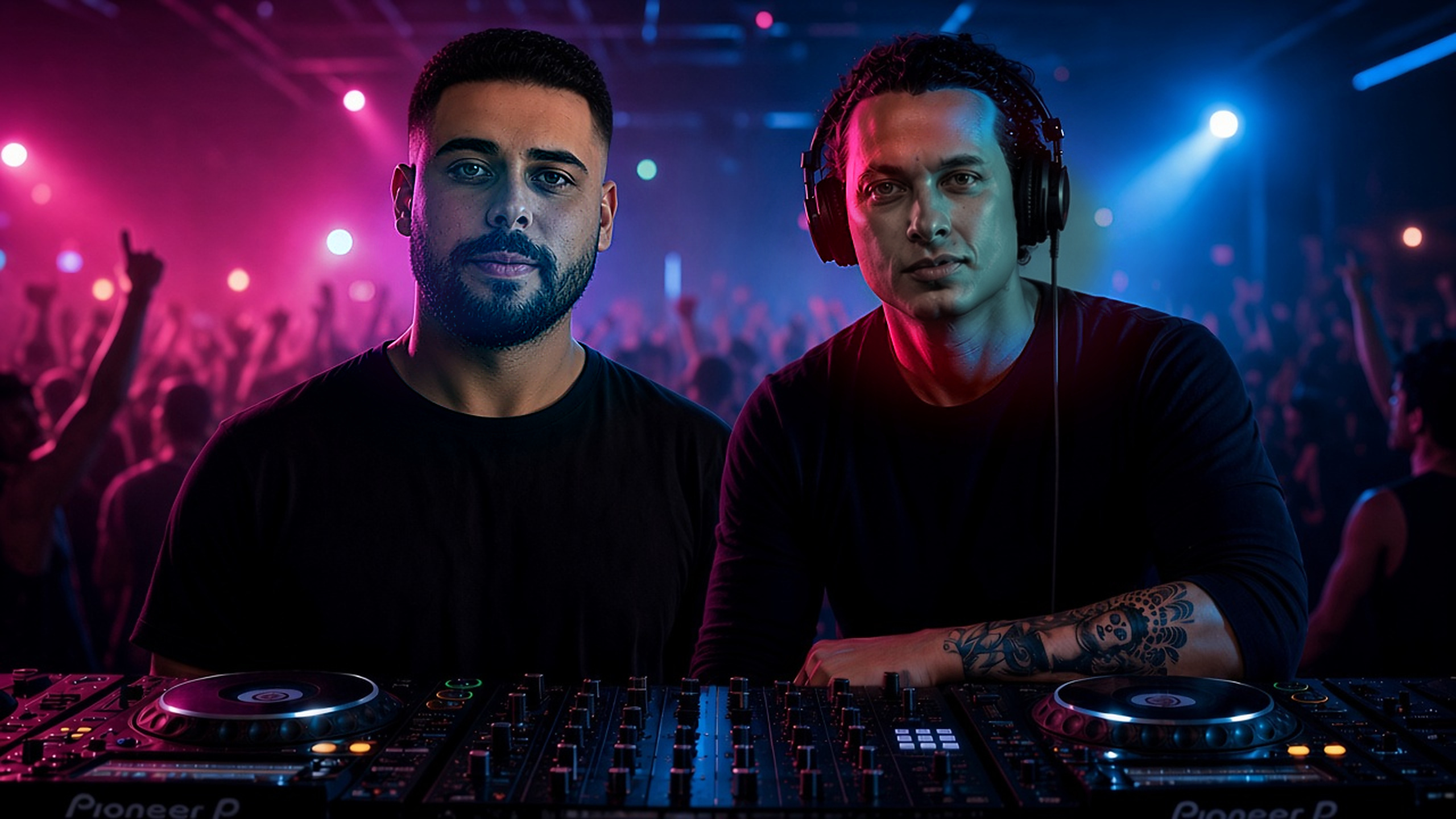 Direção de arte: a dupla BrothersDance atrás da cabine, com luz ciano e magenta e a pista ao fundo.